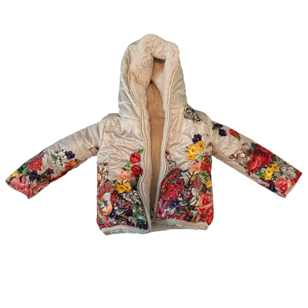Monna Lisa Girls‎ Reversible Floral Faux Fur Puffer Jacket Hood Size 3